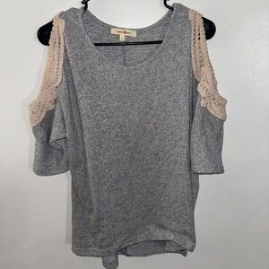 Wishful Park Heather Gray Top with Beige Crochet Accents